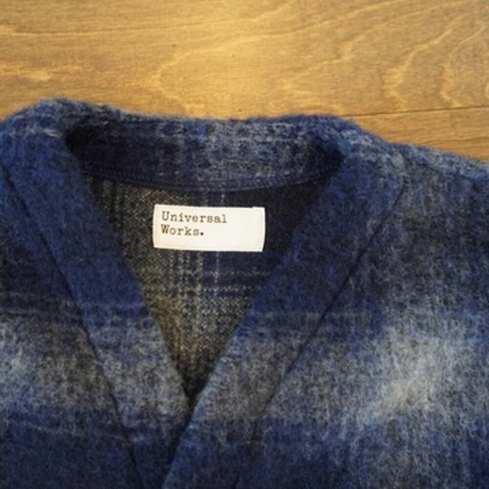 Universal Works Fresno Fleece Cardigan Plaid Wool Cardigan Jacket Navy SZ XXL - Picture 2 of 6